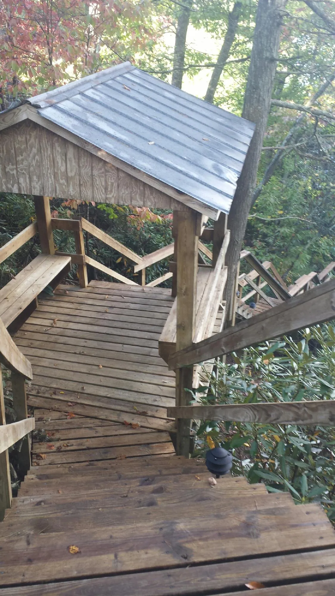 Metal roofed shelter over wooden steps on a wooded walkway — Skylight Repair & Installation work by our crew in Timberville